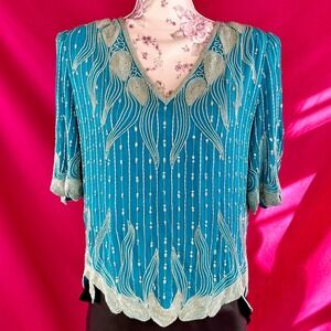 Vintage Neiman Marcus Beaded Sequin Silk Turquoise Blue Silver Top Party NYE 80s